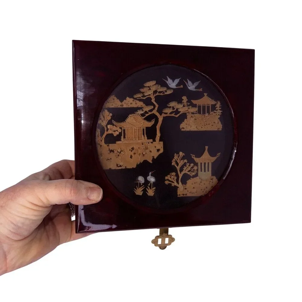Vtg Chinese Diorama Lacquered Jewelry‎ Box with Inlaid Scene Red Silk Interior